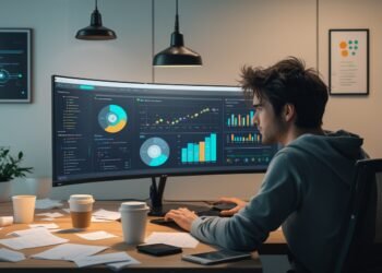 Developer working on a streamlined DevOps platform with integrated toolchains, showing self-service deployment and compliance guardrails in action.