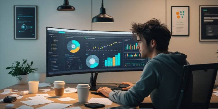Developer working on a streamlined DevOps platform with integrated toolchains, showing self-service deployment and compliance guardrails in action.