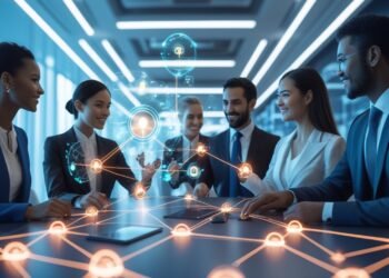 Digital collaboration architecture diagram with professionals interacting in a high-tech workspace.