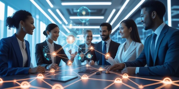 Digital collaboration architecture diagram with professionals interacting in a high-tech workspace.