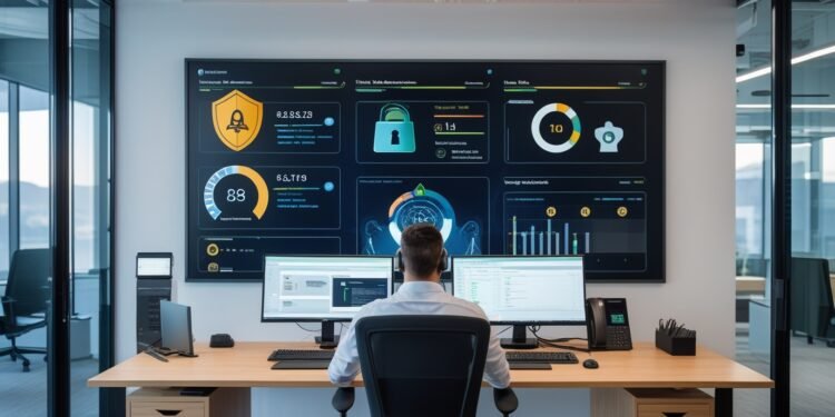 A managed service provider team actively responding to a ransomware threat inside a modern cybersecurity operations center with real-time dashboards and recovery systems.