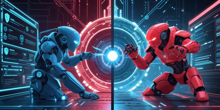 Futuristic AI-powered cyber defense system with visualized attack and defense vectors