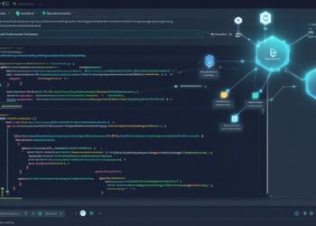 Amazon Q CLI enhanced by Model Context Protocol, showing a futuristic AI-powered code interface with project context layers.