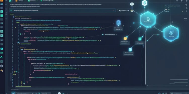 Amazon Q CLI enhanced by Model Context Protocol, showing a futuristic AI-powered code interface with project context layers.