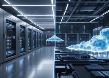 Futuristic hybrid infrastructure with glowing digital clouds and enterprise-grade server racks, symbolizing strategic cloud repatriation in 2025.