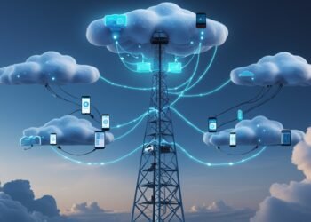 5G network tower connecting to cloud infrastructure, symbolizing the integration of 5G technology with cloud computing for real-time data processing.