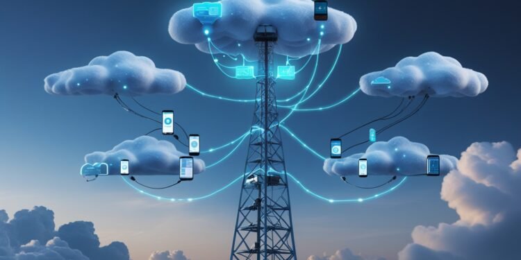 5G network tower connecting to cloud infrastructure, symbolizing the integration of 5G technology with cloud computing for real-time data processing.