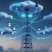 5G network tower connecting to cloud infrastructure, symbolizing the integration of 5G technology with cloud computing for real-time data processing.