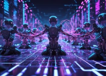 Group of AI agents working together in a digital environment, visualizing intelligent collaboration and coordination.