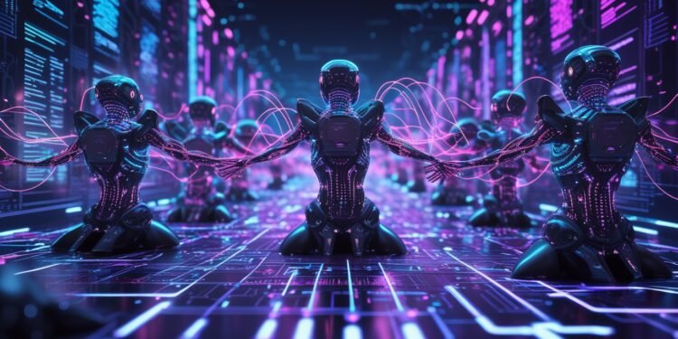 Group of AI agents working together in a digital environment, visualizing intelligent collaboration and coordination.