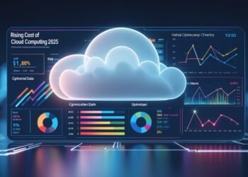 Graphic showing the rising cost of cloud computing in 2025, with cloud infrastructure surrounded by financial data and optimization charts.