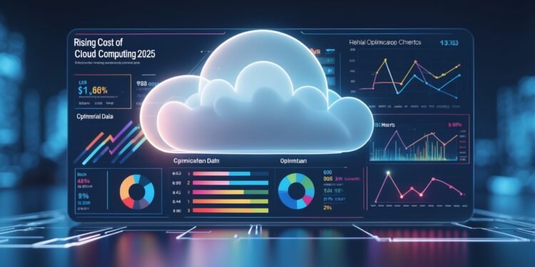 Graphic showing the rising cost of cloud computing in 2025, with cloud infrastructure surrounded by financial data and optimization charts.