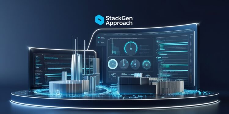 Interactive cloud infrastructure diagram showing application interdependencies, security layers, and generated IaC code output.