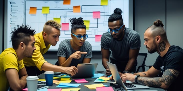 Developers and security engineers collaborating around application architecture diagrams.