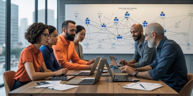 Security and engineering teams collaborating in a modern tech office, reviewing threat models and application architecture.