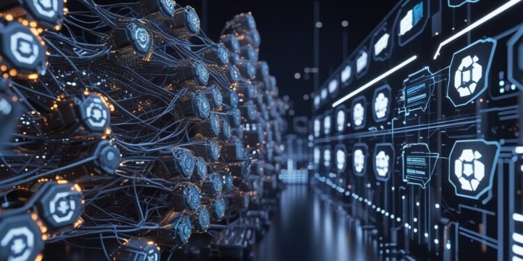 Tangled, futuristic Kubernetes clusters with dense wiring and hexagonal pods on the left, contrasted by an organized, streamlined infrastructure dashboard on the right—visualizing Kubernetes sprawl vs GitOps control.