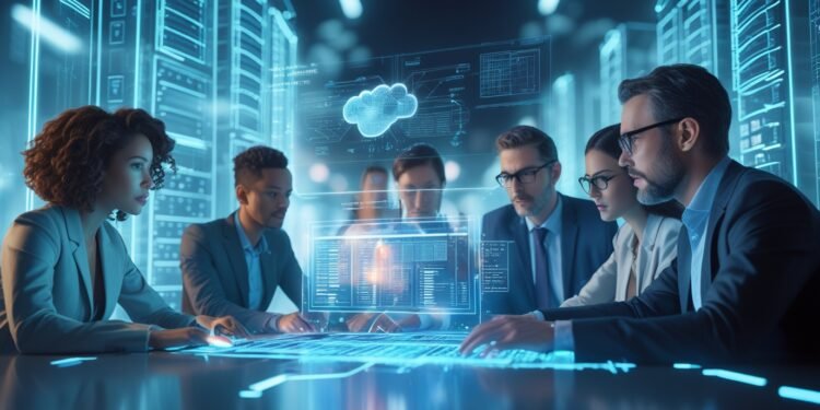 Futuristic digital scene showing SAP cloud migration architecture with glowing server stacks, digital blueprints, and business professionals collaborating