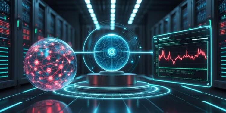 AI-based DNS detection visual showing dynamic domain queries analyzed and blocked in real time.