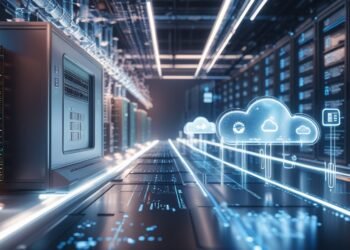 Futuristic data center with glowing cloud icons and real-time data pipelines connecting IBM mainframes to modern cloud platforms.