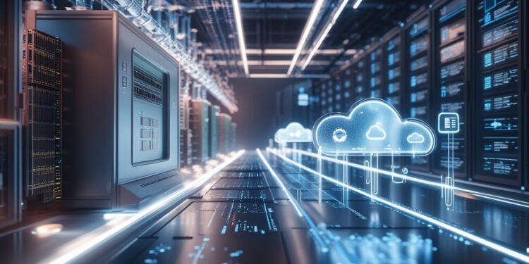 Futuristic data center with glowing cloud icons and real-time data pipelines connecting IBM mainframes to modern cloud platforms.