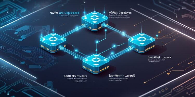 Diagram showing NGFWs analyzing and enforcing Zero Trust policies on traffic flowing between workloads, users, and cloud services.