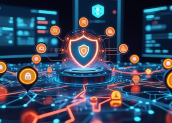 Third-party risk in insurance supply chain cybersecurity illustrationinsurance supply chain datarepresenting insurance supply chain resilience, with a central shield and secure third-party connections.
