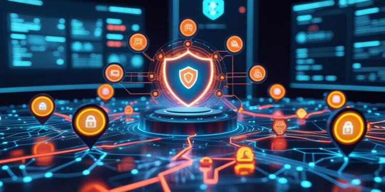 Third-party risk in insurance supply chain cybersecurity illustrationinsurance supply chain datarepresenting insurance supply chain resilience, with a central shield and secure third-party connections.