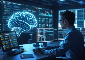 Futuristic security operations center enhanced by AI tools, with analysts reviewing threat intelligence dashboards