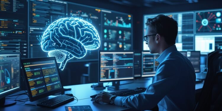 Futuristic security operations center enhanced by AI tools, with analysts reviewing threat intelligence dashboards