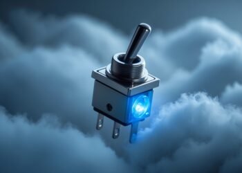 A glowing toggle switch over Kubernetes clouds