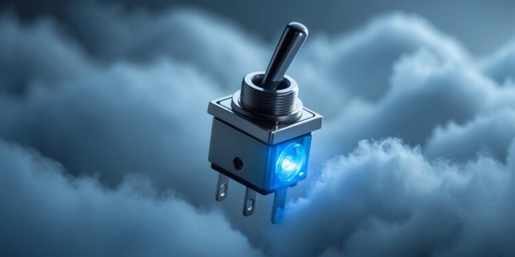 A glowing toggle switch over Kubernetes clouds