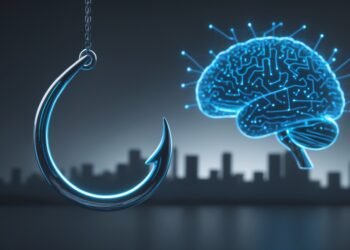 Illustration of an AI-powered phishing attack, showing a digital hook and a generative AI brain symbol targeting corporate communications.