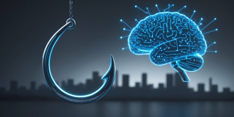 Illustration of an AI-powered phishing attack, showing a digital hook and a generative AI brain symbol targeting corporate communications.