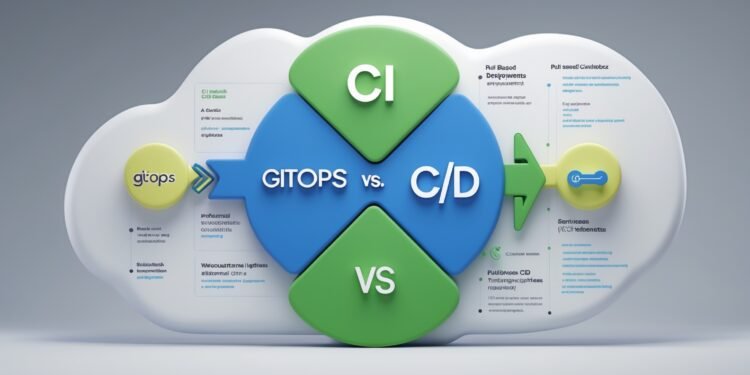 Diagram comparing GitOps and traditional CI/CD workflows, highlighting pull-based deployments, version control, and Kubernetes integration.