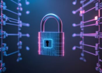 A digital lock floating in a futuristic, segmented network—each section glowing separately, symbolizing micro-segmentation and isolated access.