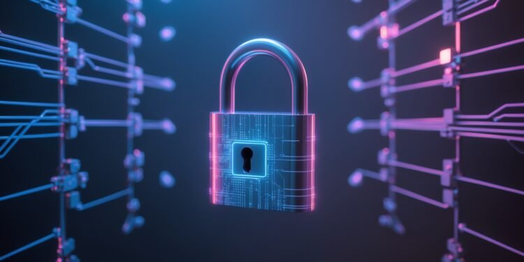 A digital lock floating in a futuristic, segmented network—each section glowing separately, symbolizing micro-segmentation and isolated access.