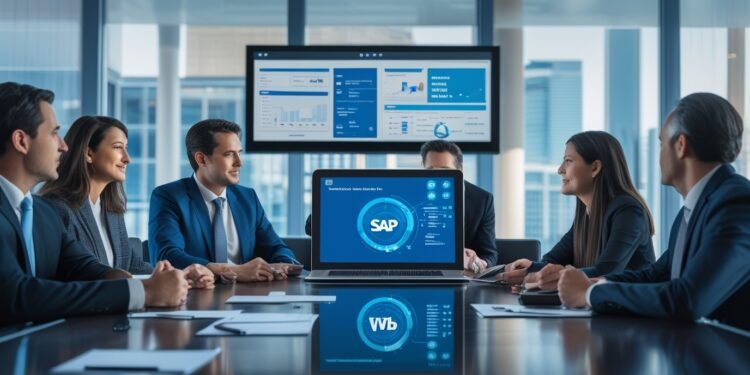 Business leaders reviewing a strategic SAP transformation roadmap with AI and automation tools displayed on screen