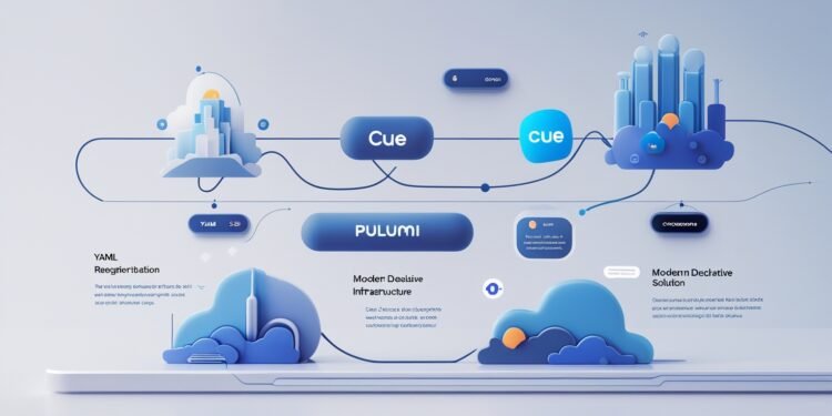 Diagram showing the evolution from YAML to modern declarative infrastructure tools like Pulumi, Cue, and Crossplane.