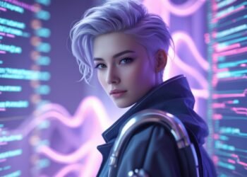 A futuristic developer standing in front of glowing code and language flows, blending neural network patterns with UX wireframes.