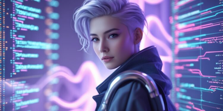 A futuristic developer standing in front of glowing code and language flows, blending neural network patterns with UX wireframes.