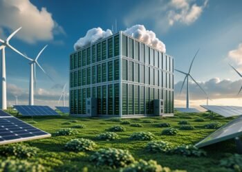 Cloud data center powered by renewable energy with green technologies and sustainable practices.