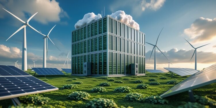 Cloud data center powered by renewable energy with green technologies and sustainable practices.