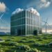 Cloud data center powered by renewable energy with green technologies and sustainable practices.