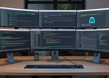 Developer working with AI DevOps agent interface inside GitHub platform on multiple monitors.