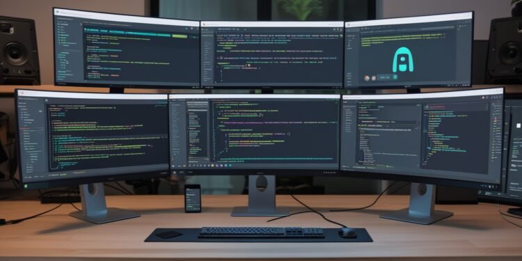 Developer working with AI DevOps agent interface inside GitHub platform on multiple monitors.
