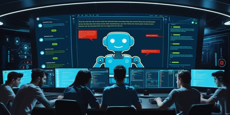 A virtual assistant interface displaying a simulated attack prompt and flagged output, illustrating the risks of prompt injection and misuse in conversational AI systems.
