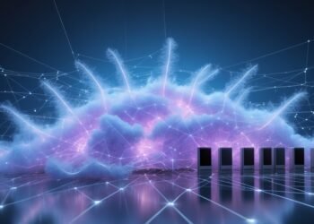 "Cloud computing infrastructure with AI integration and edge connectivity – futuristic digital network concept."