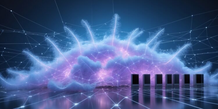 "Cloud computing infrastructure with AI integration and edge connectivity – futuristic digital network concept."