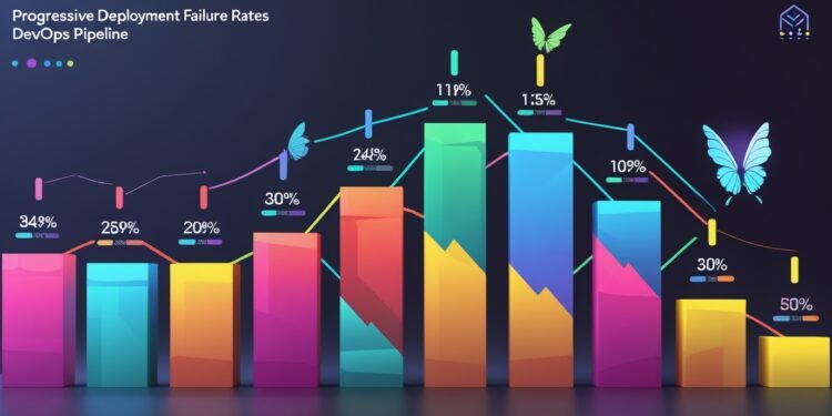 Modern 3D bar chart visualizing increasing failure rates across deployment strategies with a sleek gradient design.