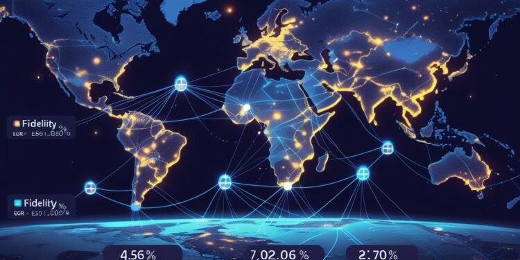 Diagram showing quantum network nodes with fidelity and entanglement rate visual overlays